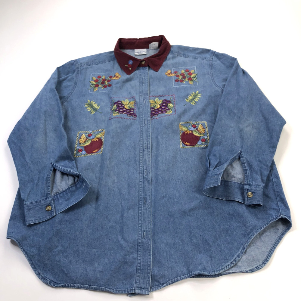 Bobbie Brooks VTG 18W 20W Embroidered Denim Button LS Corduroy Shirt Fruit